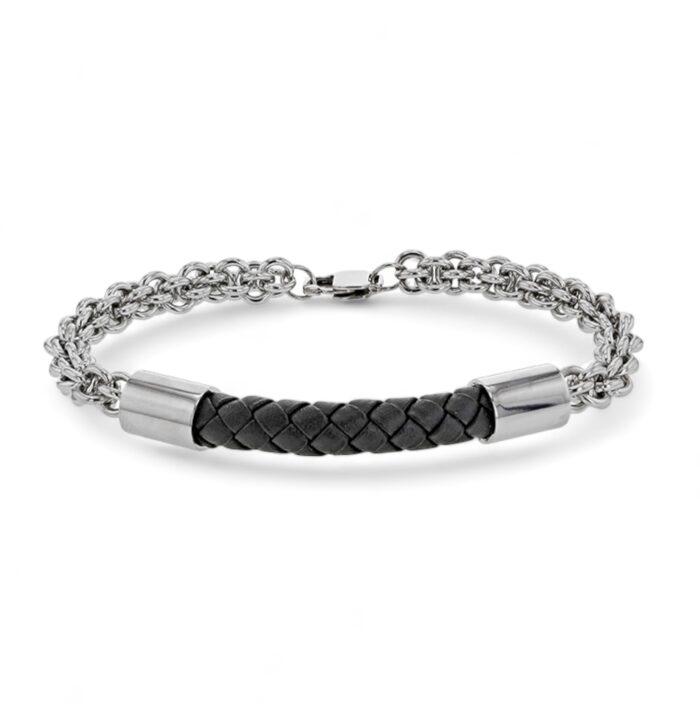 Bracelet chaînette - Cuir tresse - Acier