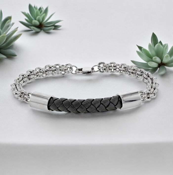 Bracelet chaînette - Cuir tresse - Acier – Image 2