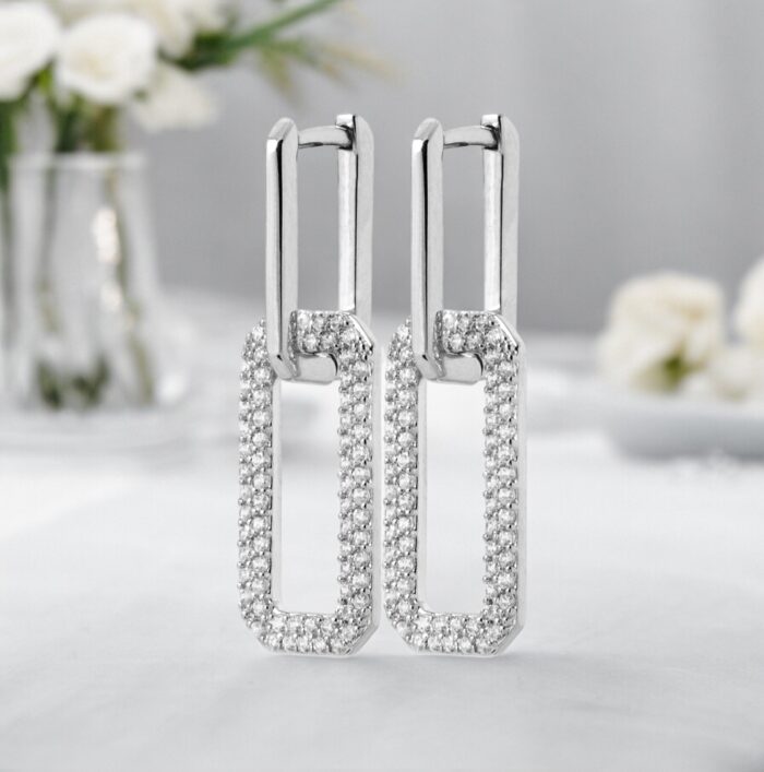 Boucles d'oreilles pendantes rectangulaires - Oxydes de zirconium - Argent rhodié – Image 3