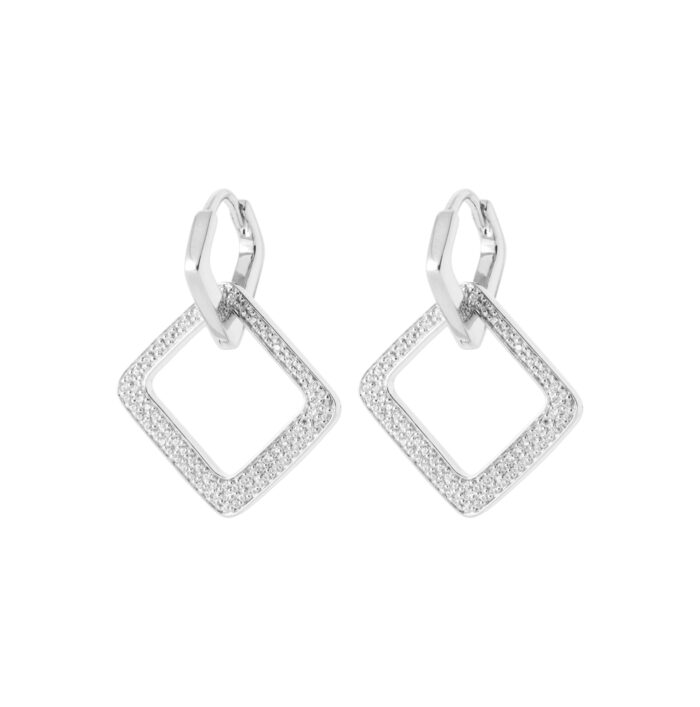 Boucles d'oreilles créoles - Pampille carrée - Oxydes de zirconium - Argent rhodié