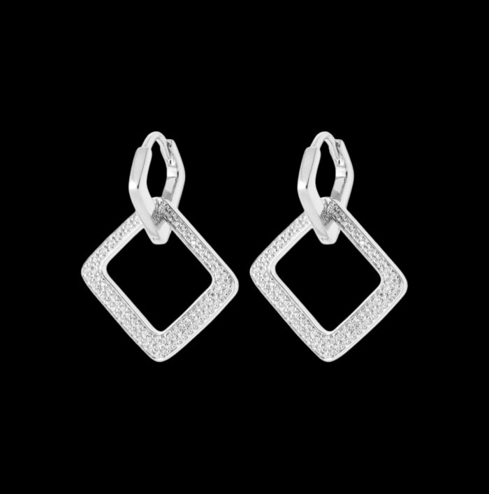 Boucles d'oreilles créoles - Pampille carrée - Oxydes de zirconium - Argent rhodié – Image 2