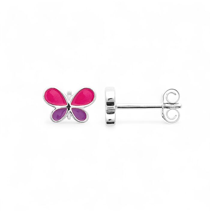 Boucles d'oreilles papillon - Laque violette et rose - Argent rhodié