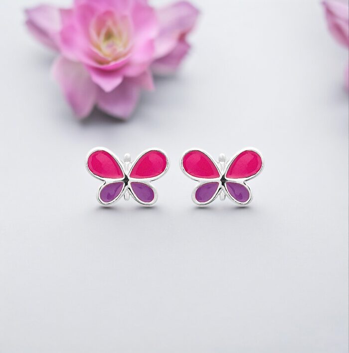 Boucles d'oreilles papillon - Laque violette et rose - Argent rhodié – Image 3