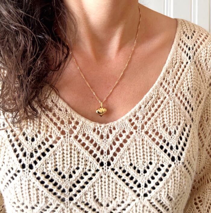 Collier pendentif coeur rebondi - Chaîne maille Singapour - Plaqué or – Image 4