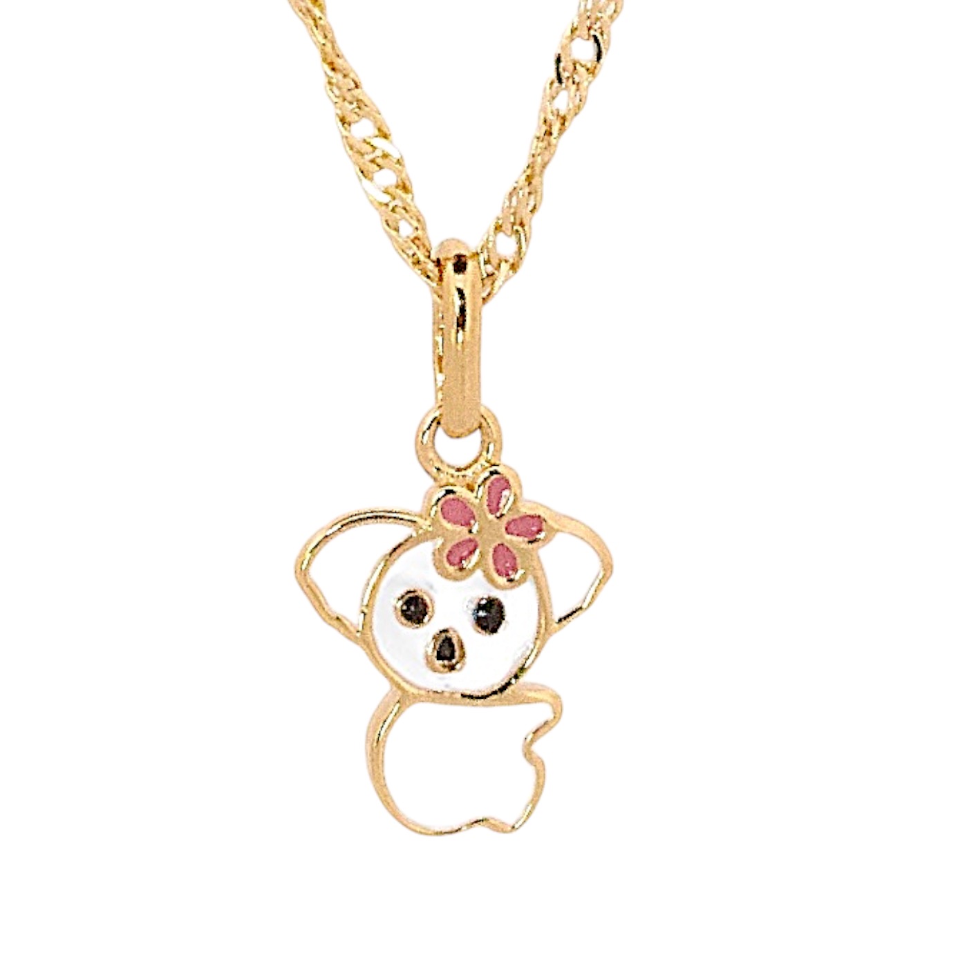 Collier koala - Émail blanc, rose, noir - Plaqué or