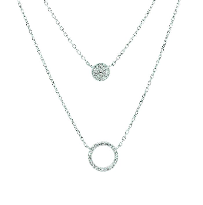 Collier double chaîne anneau - Oxydes de zirconium - Argent rhodié