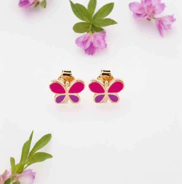 Boucles d'oreilles papillon - Laque violette et rose - Plaqué or – Image 2