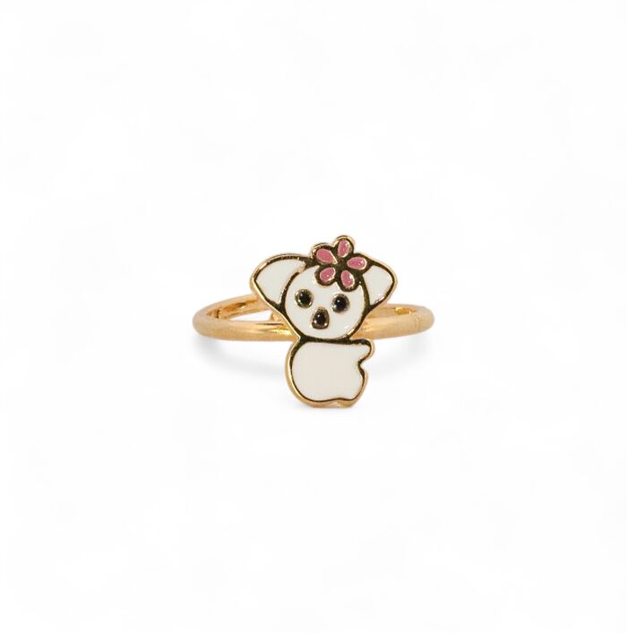 Bague koala réglable - Émail blanc, rose, noir - Plaqué or