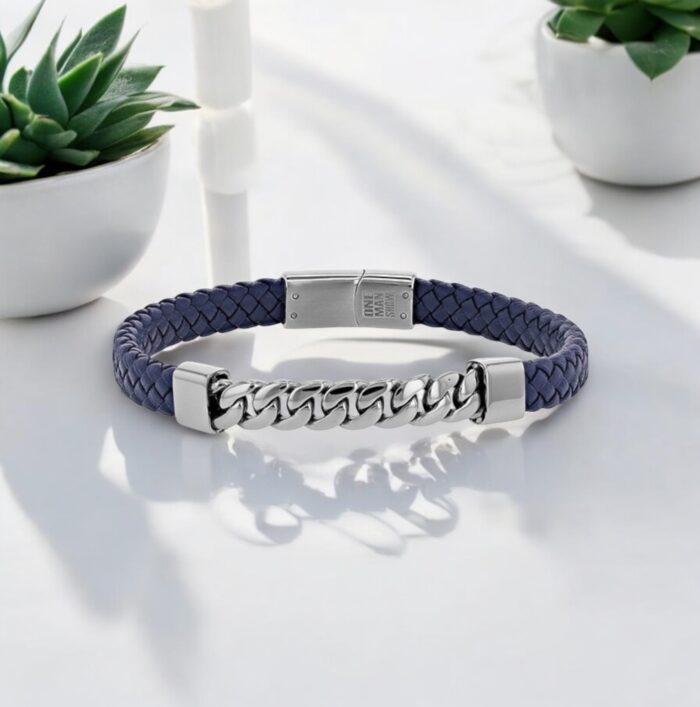 Bracelet chaîne gourmette - Tresses de cuir bleu - Acier – Image 2