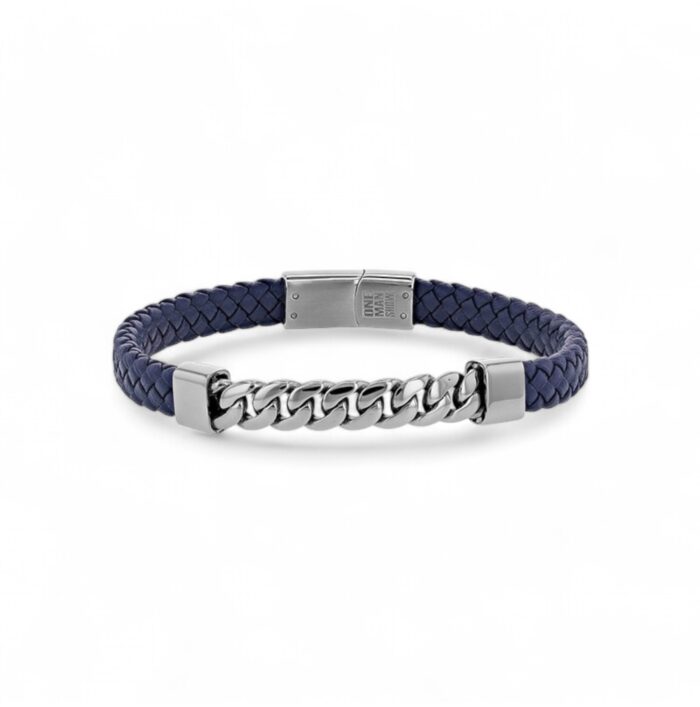 Bracelet chaîne gourmette - Tresses de cuir bleu - Acier