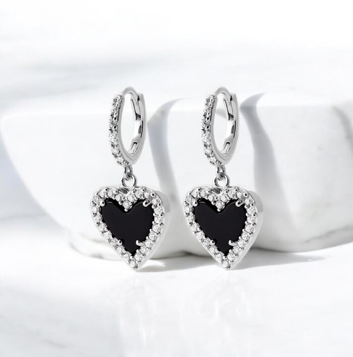 Boucles d'oreilles créoles pampilles coeur - Agate noire - Argent rhodié – Image 2