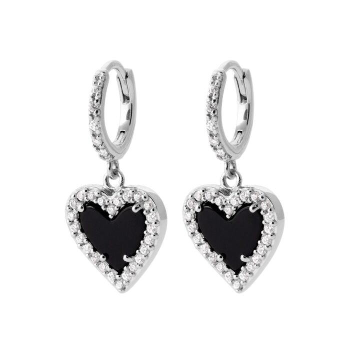 Boucles d'oreilles créoles pampilles coeur - Agate noire - Argent rhodié