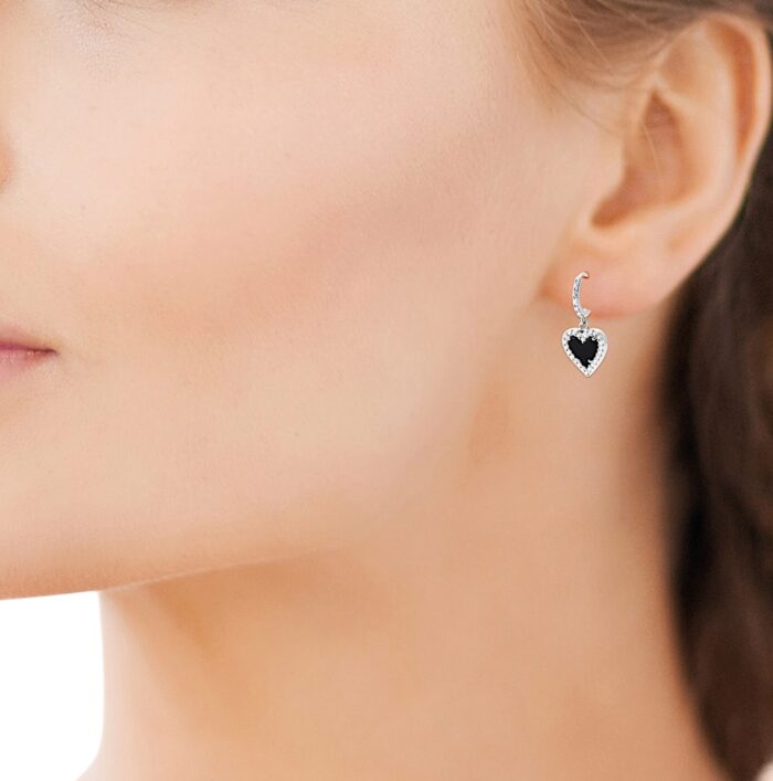 Boucles d'oreilles créoles pampilles coeur - Agate noire - Argent rhodié – Image 3