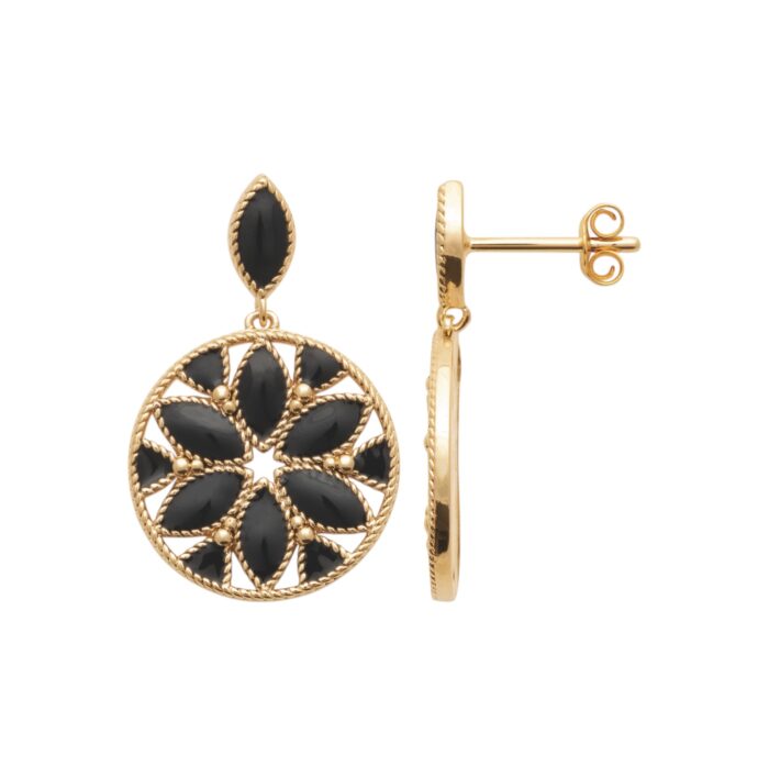 Boucles d'oreilles "Rosace" - Laqué noir - Plaqué or