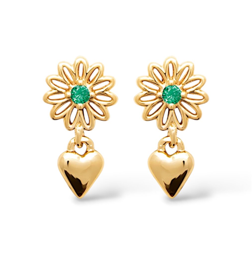 Boucles d'oreilles Fleurélia Plaqué or fleur coeur vert