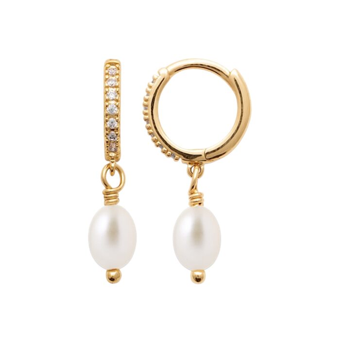 Boucles d'oreilles créoles - Perle de culture - Oxydes de zirconium - Plaque or