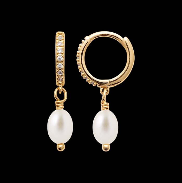 Boucles d'oreilles créoles - Perle de culture - Oxydes de zirconium - Plaque or – Image 2