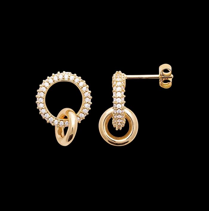 Boucles d’oreilles pendantes “Cercles entrelacés” – Oxydes de zirconium – Plaqué or – Image 2