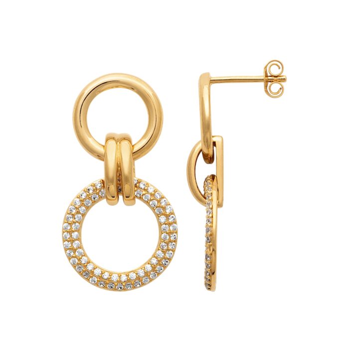 Boucles d’oreilles pendantes “Duo de cercles” – Oxydes de zirconium – Plaqué or
