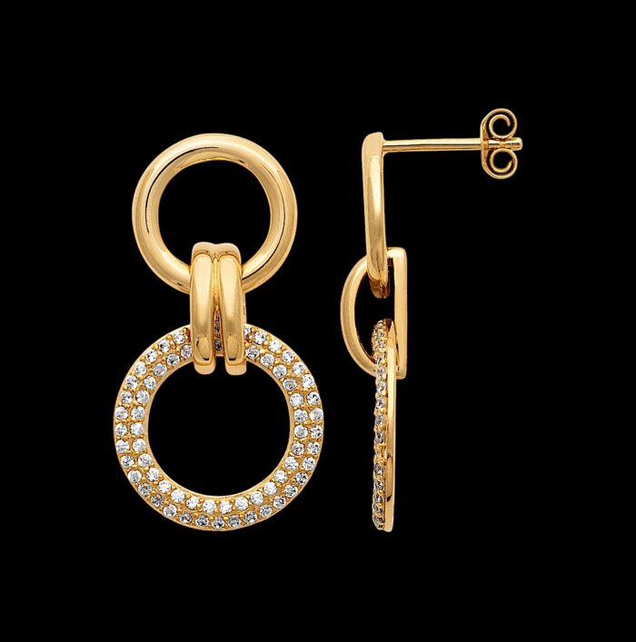 Boucles d’oreilles pendantes “Duo de cercles” – Oxydes de zirconium – Plaqué or – Image 2