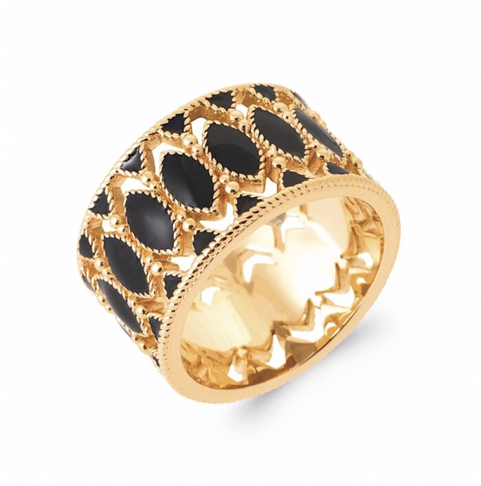 Bague "Rosace" - Laque noir - Plaqué or