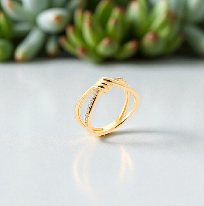 Bague “Noeud” – Oxydes de zirconium – Plaqué or – Image 3