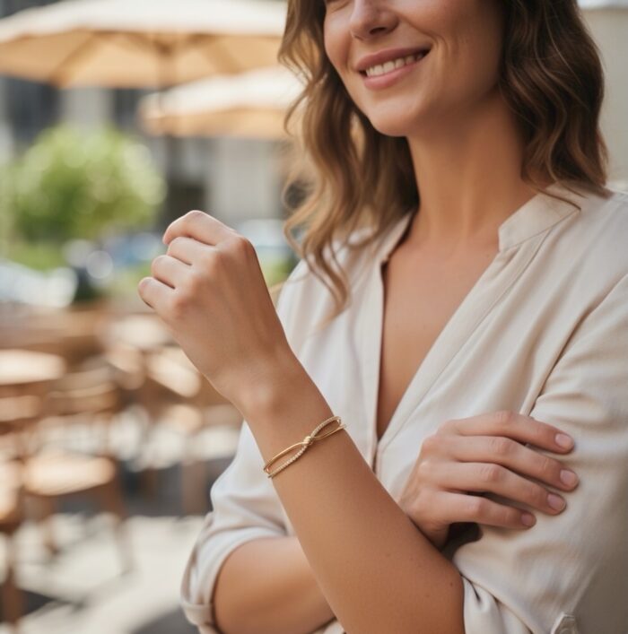Bracelet jonc "Noeud” – Oxydes de zirconium – Plaqué or – Image 4