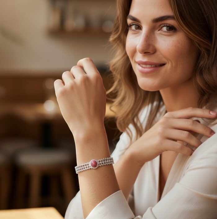 Bracelet jonc "Thalya" – Rhodonite – Argent rhodié – Image 4