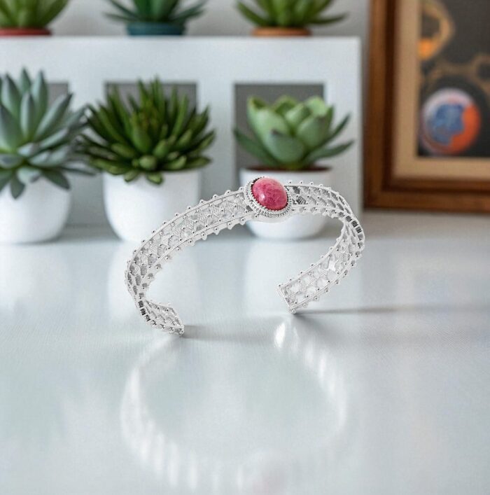 Bracelet jonc "Thalya" – Rhodonite – Argent rhodié – Image 3