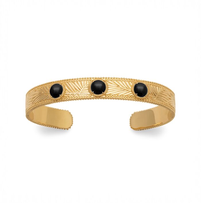Bracelet jonc "Mystique" – Agate noire – Plaqué or