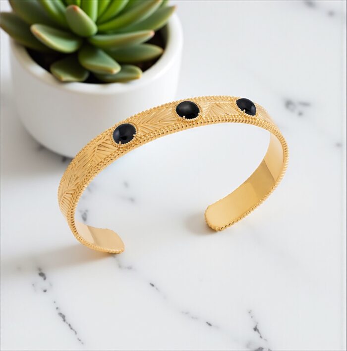 Bracelet jonc "Mystique" – Agate noire – Plaqué or – Image 3