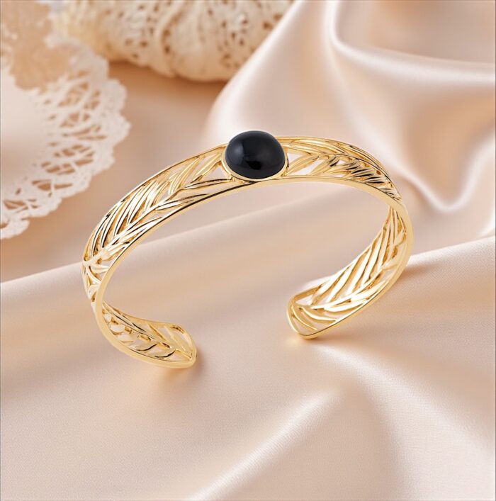 Bracelet jonc "Aurum" – Agate noire – Plaqué or – Image 3