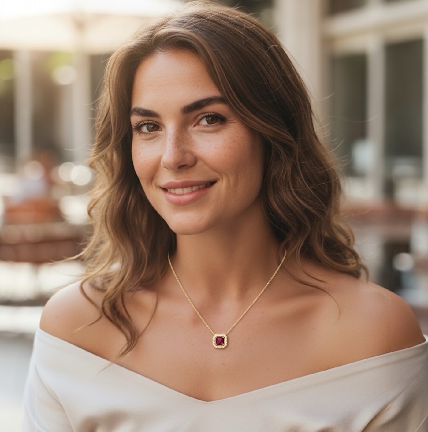 Collier Rubira en plaqué or 18 carats avec pierre synthétique rouge carrée et halo d’oxydes de zirconium scintillants, bijou élégant et lumineux.