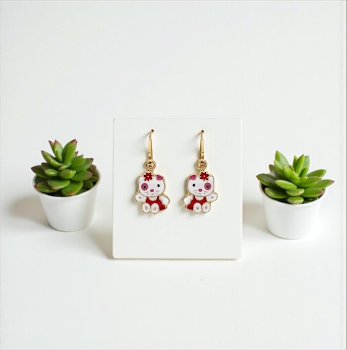 Dormeuses "Kitya" – Émail rouge et blanc – Or jaune 750/1000 – 18 carats – Image 3