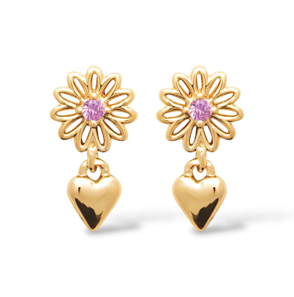 Boucles d'oreilles Fleurélia plaqué or fleur coeur rose