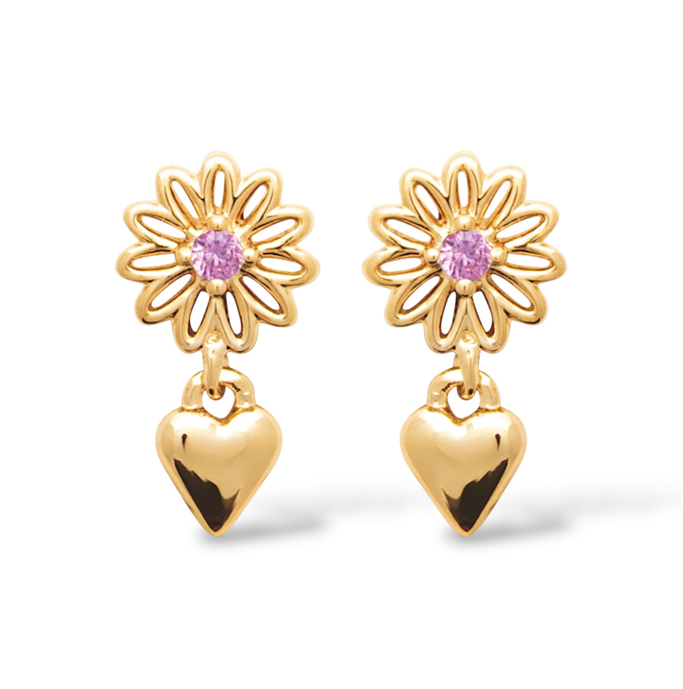 Boucles d'oreilles Fleurélia plaqué or fleur coeur rose